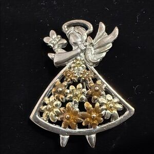 Vintage Signed Tanya Creations (TC) Angel In Daisey Dress Holding Butt PIN